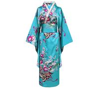 Buen Amixyl Kimono Japonés para Mujer, Tradicional Yukata para Joven Dama, Traje de Cosplay, Bata de Satén, Azul, M