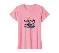 Buenas Vibraciones y Mareas Altas: Beach Surf Sunset, Hawaianos Camiseta, Mujer, Rosado, XS