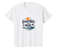 Buenas Vibraciones y Mareas Altas: Beach Surf Sunset, Hawaianos Camiseta, Niños, Blanco, 10 años