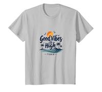 Buenas Vibraciones y Mareas Altas: Beach Surf Sunset, Hawaianos Camiseta, Niños, Plata, 10 años