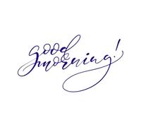 Buenos días, caligrafía escrita a mano con letras a mano con tazas y corazones dibujados a mano. Pegatinas de pared de papel adhesivo 34x62.7cm Varios tamaños Azul oscuro