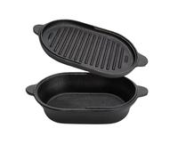 BUERPINKING Cacerola ovalada de hierro fundido 2 en 1, 23 cm, 2 L, cacerola con tapa para pan horneado, olla de hierro fundido, productos horneados, guisos