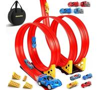 BUERPINKING Hot Wheels - Pista de 4,5 m, pista de coches con 4 coches, carreteras de ruedas para niños, ruedas en pista doble portátil, para coches Hot Wheels Bahn 1/64th para edad 3+ (rojo)