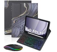 Bueuwe Funda con Teclado para Samsung Galaxy Tab A9+/A11+ Plus 11 Pulgadas, Funda con Teclado inalámbrico Desmontable retroiluminada con portalápices,Marble Black