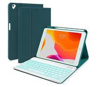 Bueuwe Funda Teclado para iPad 7Th/8Th/9Th Generation 10,2 Pulgadas 2018/2020/2021, Teclado Francés AZERTY, Teclado Inalámbrico Desmontable Retroiluminado,Dark Green