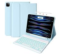 Bueuwe Funda Teclado para iPad Pro 2022 11" 4Th/iPad Air 5Th Gen 10.9 Pulgadas - Teclado Francés AZERTY Retroiluminado En 7 Colores con Portalápices, Estuche De TPU Suave Teclado Desmontable,Azul