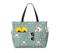 Buewutiry Bolsa de playa grande resistente al agua y a la arena - Bolso de mano vintage Pop Art Bulldog francés lindo para mujer con cremallera