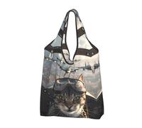 Buewutiry - Bolso grande para mujer, ligero y reutilizable, diseño de gato piloto en avión vintage - Bolsas de compras de tela para el trabajo, la playa y los viajes con asas