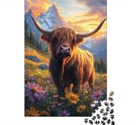 Buey Highland Cornudo Puzzle de 1000 Piezas Papel Puzzle para Adultos Montaña Flores Silvestres Relajación Decoración Regalo 70x50cm/1000pcs