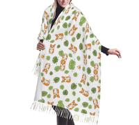 Bufanda con Borlas Cálido Bufanda Mujer Lindo Corgi gracioso perro gordo hojas tropicales Larga Chal con Borlas 68x196cm