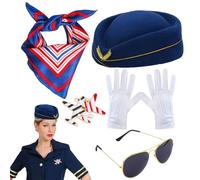 Bufanda de asistente de vuelo - de aerolínea. Accesorios azafata | Guantes de azafata elegantes, sombrero y bufanda de asistente de vuelo, bufanda a rayas azul rojo para rímel