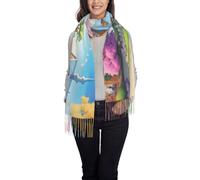 Bufanda de borla con estampado de cuento de hadas de unicornio, chal de satén suave con flecos, versátil envoltura de algodón para otoño e invierno