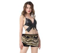 Bufanda de cadera para mujer con monedas doradas, cadena de cintura para el vientre, bufanda de cadera para danza del vientre, Negro Oro, Talla Única