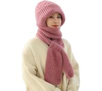 Bufanda de gorro de punto cálida 2 en 1 con protección para las orejas integrada, bufanda de punto grueso, gorro de invierno, Rosado, Talla única