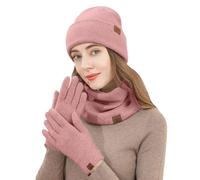 Bufanda de hombre azul gorro de invierno para adultos y mujeres, guantes de peto, tres piezas, tejido de punto, visera cepillada, traje cálido para exteriores, guantes de punto azul, Rosa., talla