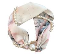 Bufanda de satén de seda con lunares florales con hebilla, cadena de perlas, gargantilla, bufanda, pañuelo para mujer, a la moda, collar y bufanda, Peach Blossom Spring, Talla única