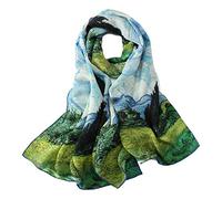 Bufanda larga de seda crepé con impresión artística clásica, Paisaje campestre, 61" x 17" (155cm x 43cm)
