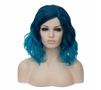 BUFASHION Peluca corta de pelo sintético ondulado, color azul degradado, sin pegamento, resistente al calor, raya al medio