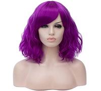 BUFASHION Peluca corta ondulada de 14 pulgadas para mujer, peluca corta y rizada, color morado, para cosplay, Halloween, pelucas sintéticas con flequillo lateral, 13 colores disponibles