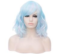 BUFASHION Peluca corta ondulada de 14 pulgadas para mujer, peluca sintética con flequillo lateral, color azul mixto, para cosplay, Halloween, 13 colores disponibles