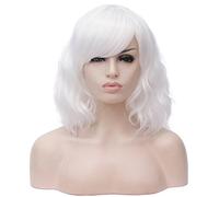 BUFASHION Peluca corta ondulada de 14 pulgadas para mujer, peluca sintética de estilo Bob blanco con flequillo lateral, 13 colores disponibles