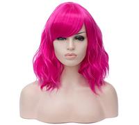 BUFASHION Peluca corta ondulada de 14 pulgadas para mujer, peluca sintética de estilo Bob rosa, para cosplay, Halloween, con flequillo lateral, 13 colores disponibles