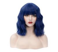 Bufashion Peluca corta ondulada y rizada para mujer, 35,56 cm, color azul oscuro, peluca sintética para Halloween, cosplay con flequillo limpio y gorro de peluca gratis (azul oscuro)