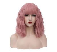 BUFASHION Peluca corta ondulada y rizada para mujer, 35,56 cm, rosa claro, tipo bob, peluca sintética para Halloween, cosplay, peluca con flequillo limpio y gorro de peluca gratis (rosa claro 1)