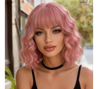 BUFASHION Peluca corta ondulada y rizada para mujer, 35,56 cm, rosa claro, tipo bob, peluca sintética para Halloween, cosplay, peluca con flequillo limpio y gorro de peluca gratis (rosa claro 1)
