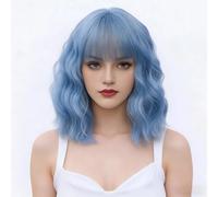 BUFASHION Peluca corta ondulada y rizada para mujer, color azul claro, para cosplay, Halloween, peluca sintética con casquillo de peluca gratis (azul claro 1)