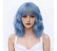 BUFASHION Peluca corta ondulada y rizada para mujer, color azul claro, para cosplay, Halloween, peluca sintética con casquillo de peluca gratis (azul claro 1)