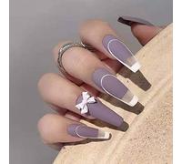 Bufenia 24 uñas postizas translúcidas francesas de ataúd, bailarina, pajarita, uñas postizas mate esmeriladas, uñas largas con purpurina para mujeres y niñas (B: morado)