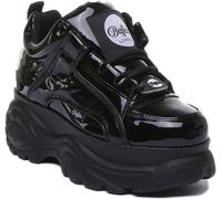 BUFFALO Londres Clásico Plataforma Cordones Up Mujer Trainer en Negro Charol