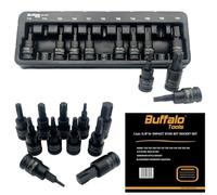 Buffalo Tools Juego de 11 brocas de impacto Torx Star de 3/8 pulgadas T10-T60, acero al cromo vanadio duradero, resistente a la corrosión, juego de herramientas TRX-Star con bandeja de almacenamiento
