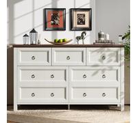 Buffet blanco de estilo vintage con 7 cajones, parte superior de nogal, asas de aluminio, armario de almacenamiento para comedor, sala de estar y dormitorio, solución elegante para muebles