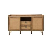 Calicosy - Aparador de 2 puertas correderas y 2 cajones - Frentes de ratán natural, asas de piel sintética negra - Colección Palmo - Salón, Comedor - L 140 x D 39 x H 80 cm