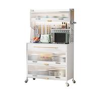 Buffet de cocina para comedor y cocina, buffet de cocina semiabierto con encimera y cajón, armario de cocina con puertas, armario alto con 4 ganchos y 1 cesta colgante, armario multiusos