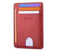 Buffway Carteras de cuero delgadas y minimalistas con bolsillo frontal con bloqueo RFID para hombres y mujeres, rojo (Cross Red), S, Minimalista