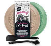 Bugalugs Tapete para perros y gatos, 100 % de grado alimenticio y tapete para lamer para perros, reduce el estrés y la ansiedad, 2 cuencos de comida para mascotas, espátula y cepillo (verde y beige)