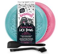 Bugalugs Tapete para perros y gatos, 100 % de grado alimenticio y tapete para lamer para perros, reduce el estrés y la ansiedad, 2 cuencos de comida para mascotas, espátula y cepillo (rosa y azul)