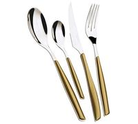 BUGATTI, Glamour, Juego de cubiertos de 24 piezas en acero inoxidable 18/10 y mango de color ORO. Juego de cubiertos para 6 personas compuesto por 6 cucharas, 6 tenedores, 6 cuchillos y 6 cucharas de café