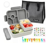 Bugucat Fiambrera con 5 compartimentos, 1300 ml, con bolsa para el almuerzo, a prueba de fugas, con juego de cubiertos, fiambrera para niños y adultos, caja de desayuno, color gris