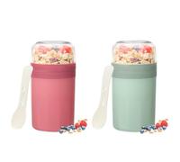 Bugucat Taza de cereales to Go 520 ml + 250 ml, práctica taza de yogur con cuchara, a prueba de fugas, taza de cereales con caja de salsas, fiambrera para niños y adultos, verde y rosa