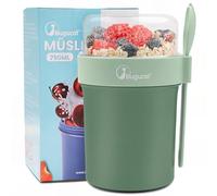 Bugucat Taza de Yogur 560ml+230ml, Porta Yogur y Fruta Vaso de Cereales para Llevar con Tapas y Cuchara, Reutilizable Porta Vaso Portátil Taza de Cereales con Recipiente para Ensaladas