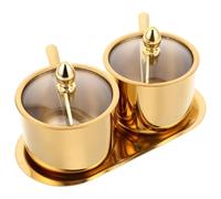 BUGUUYO Tarro de Condimentos de Cocina, Recipiente para Condimentos de 400 Ml/13,5 Oz, Acero Inoxidable Dorado, Tapa de Vidrio Transparente, con Cuchara y Bandeja, para Cocina y Bar