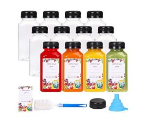 Buhdjfnke 12 de Jugo de Plástico de 8 Oz con Tapas una Prueba de Manipulación, Recipientes de Jugo Transparentes Reutilizables con Etiquetas, Embudo y Cepillo