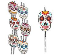 Buhdjfnke 24 Pajitas Desechables de Papel con Forma de Calavera para Cóctel, Zumo, Vajilla para el Día de los Muertos, Decoración para Fiesta de Halloween, Diseño de Calavera