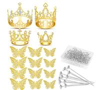 Buhdjfnke Coronas Doradas para Accesorios de Ramo de Flores, 4 Piezas de Decoración de para Pastel, 12 Piezas de Decoraciones de Mariposa y 50 Piezas de Alfileres de Flores