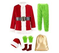 Buheco Christmas Costume for Men 7PCS Deluxe Adult Santa Outfit Suit Furry Professional Xmas Halloween Monster Cosplay Adults XL