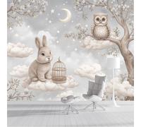 Búho Conejito De Nube Papel Pintado Panorámico 400x280cm, Animales Adorables Y Soñadores Papel Pintado De Seda, Grandes Murales Para Dormitorio Infantil Decoración, Color Crema